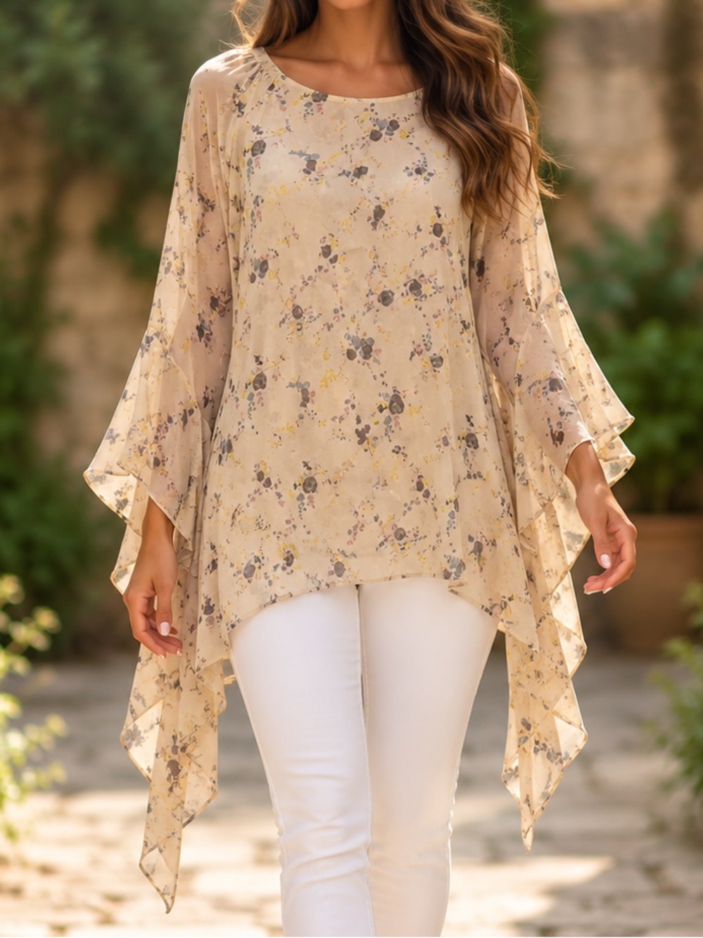 Buffalo David Bitton Cream Floral Chiffon Handkerchief-Hem Tunic